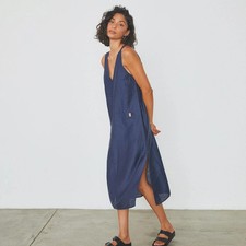 Lunya Linen Silk Double V Midi Dress Blue Navy Size Medium