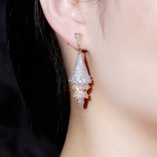 Women Elegant 3 Tone Gold Plated Cubic Zirconia Multi-layer Long Dangle Earrings