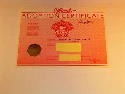 VINTAGE COLLECTIBLE 1990 CABBAGE PATCH KIDS-OFFICIAL ADOPTION CERTIFICATE OO4