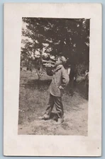 c1910's Boy With Trumpet Scene Field RPPC Photo Unposted Antique Postcard