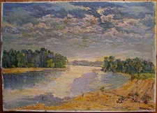 Ukrainian Soviet Oil Painting postimpressionism landscape river after rain cloud