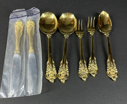 7 Pieces Gold Plated Wallace Sterling Grand Baroque Shrimp Forks Teaspoons  Etc