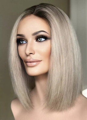  Human Hair Straight Bob Wig Ashy Blonde Rooted 13x4 Lace Front Wig