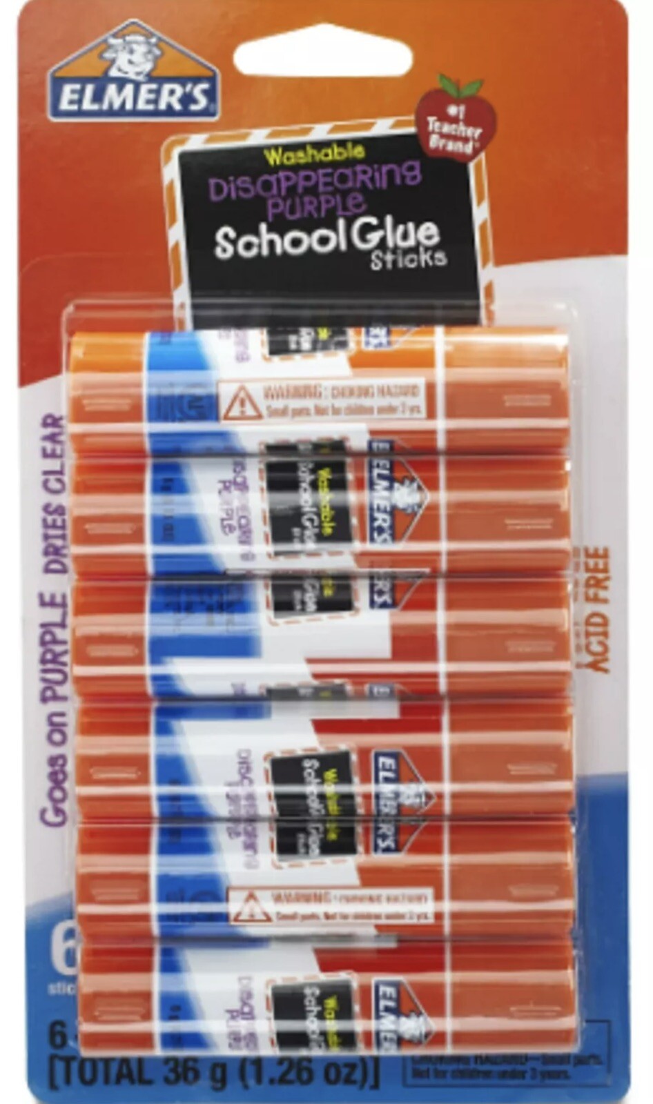 Elmer's Disappearing Purple School Glue Sticks, Washable, 0.21 Oz 6  Glue Sticks