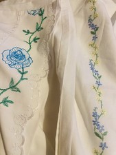 Contrasting pair  White vintage Pure Cotton Pillowcases embroidered  28x17&rdquo; blue
