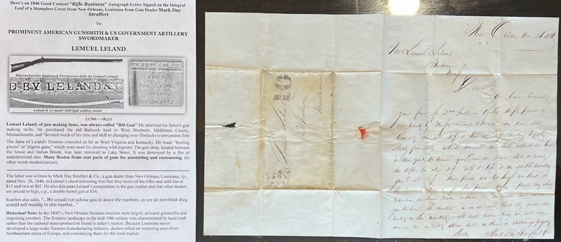 1846 STAMPLESS COVER LETTER SIGNED to GUNSMITH GOVT ARTILLERY SWORDMAKER LELAND