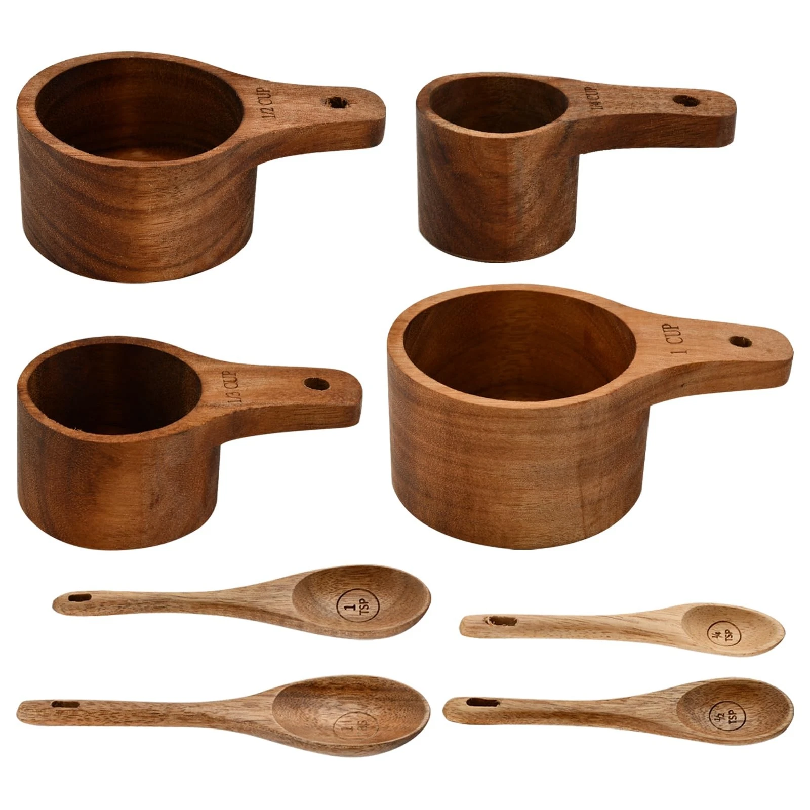 8-Piece Wooden Measuring Cups and Spoons Set, Handcrafted Wood Measuring Cups...