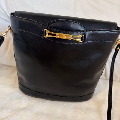 Authentic CELINE Vintage Triomphe Bucket Shoulder Bag Black Leather Gold HW JPN