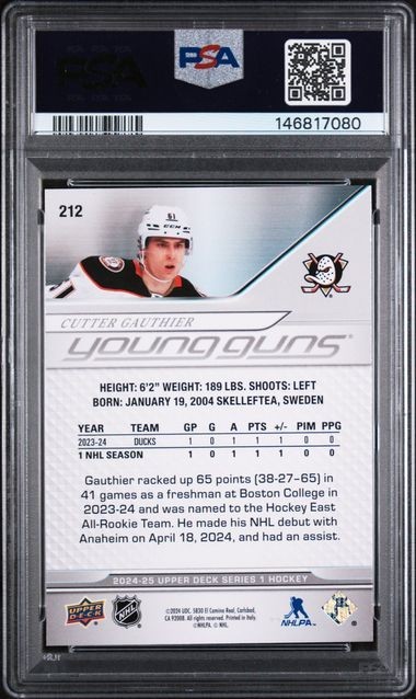2024 Upper Deck Series 1 Cutter Gauthier Young Guns #212 PSA 10 view 2
