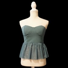 Sincerely Jules Top Womens Medium Green Crop Corset Bustier Ruffle Tulle Twee
