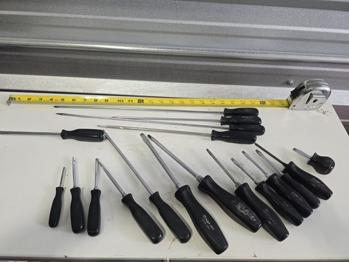 Lot Of 18 Black Handle Snap-on Screw Drivers, Flat Heads, And More