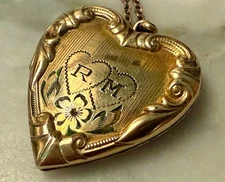 1/20 10K G.F.  Heart Locket Necklace Etched Flowers Double Photo 18”~ Vintage