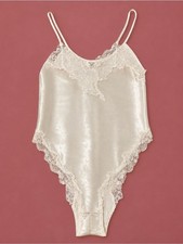 Vintage Victoria  s Secret Ivory Satin Lace Teddy Bodysuit Size S Y2K