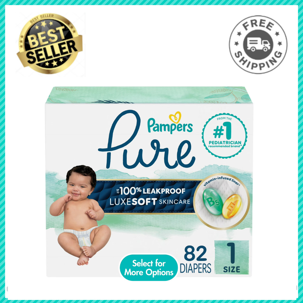 Pampers Pure Baby Diapers, Size 1 (8-14 lbs), 82 Ct, up to 100% Leakproof, White