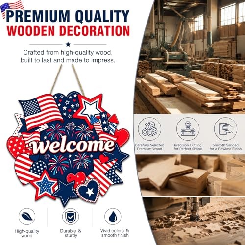 как выглядит 4th Of July Welcome Wooden Sign Independence Day Patriotic Decorations Outdoor фото