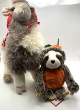 Douglas Plush Llama with Christmas Winter Hat 10" & Sloth in Pumpkin Costume 7"