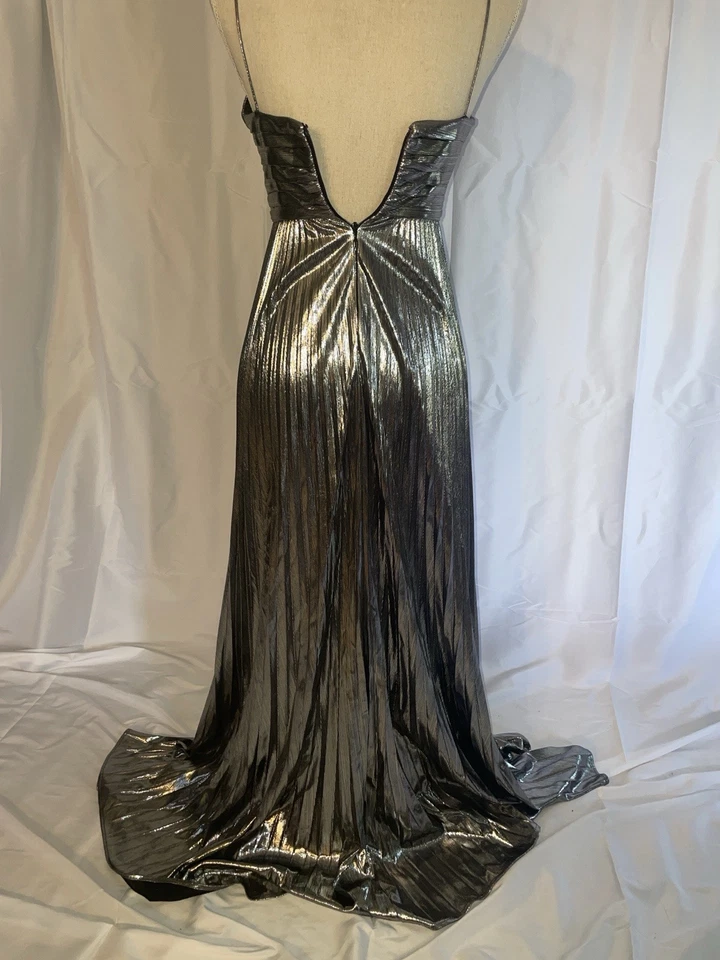 Retrofete Cherith Metallic Dress Silver Gunmetal Womens Maxi Gown XS Pleated - Image 2 of 4