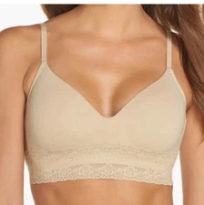 Natori Bliss Perfection Contour Soft Cup Bra Elegant Lace Trim Beige 32C EUC