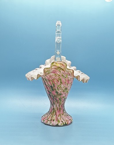 Vintage Fenton Milchglas rosa grün geraffter Rand klar Henkel Korb Vase - Bild 3 von 8