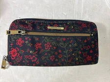 TRAVELON RFID Protect Block Floral Credit Card Zip Wallet Wristlet Navy Red