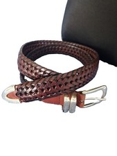 Fossil Dark Brown Braided Leather Belt 85/34 Silver Buckle Preppy Fashion