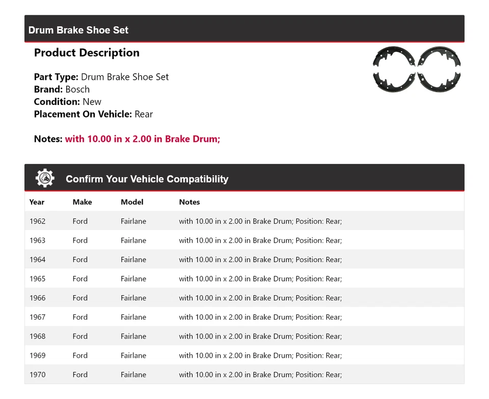 Juego de zapatas de freno de tambor traseras para Ford Fairlane Bosch 1962-1970 1963 1964 1965 1966 Foto 2 de 3