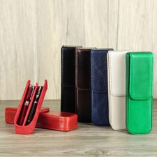 2 Slots Genuine Leather Pen Cases Removable Pen Tray Pencil Holder Storage Box