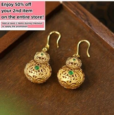 Jade Drop Dangle Earrings Hollow-carved Gourd Gemstone Ear Hook 18K Gold Plated
