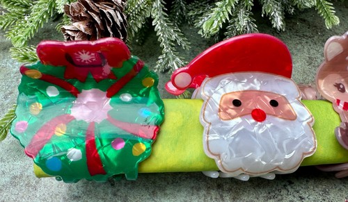 Christmas Holiday Hair Claw Clips Set Santa Snowman Reindeer Tree Lot Acrylic
