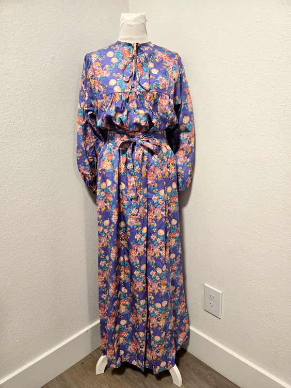 VINTAGE MADE IN ENGLAND PURPLE/PINK FLORAL PURE SILK BELTED BOHO MAXI DRESS SZ M