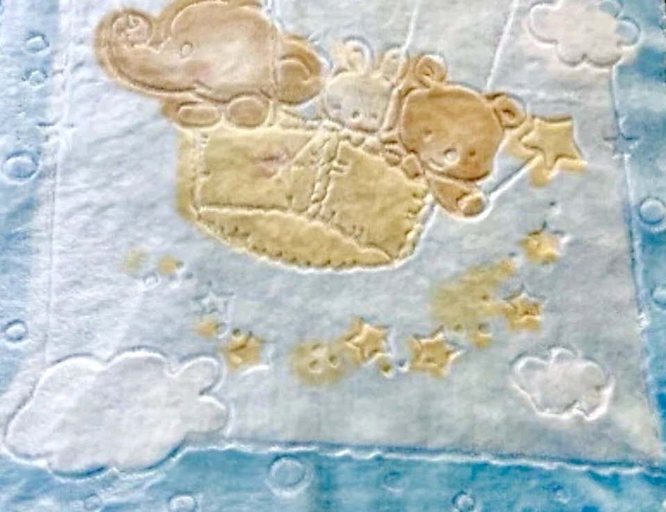 Manta Visón Bebé De Colección Globo Aire Caliente Oso Conejito Elefante Estrellas Repujado ¡RARA! Foto 3 de 4