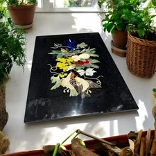 24"X18" Black Marble Rectangle Dining Table Grapes Design Semiprecious Stone Art