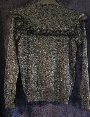 M&S Pullover Waldgrün Metallic Schimmer UK8 Rüschendetail Party Strick Glitzer Top