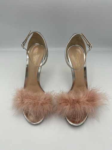 Gianvito Rossi silberfarbene Stiletto-Heels rosa Federbesatz offene Zehenpartie IT 39 US 9 780 $ - Bild 3 von 14