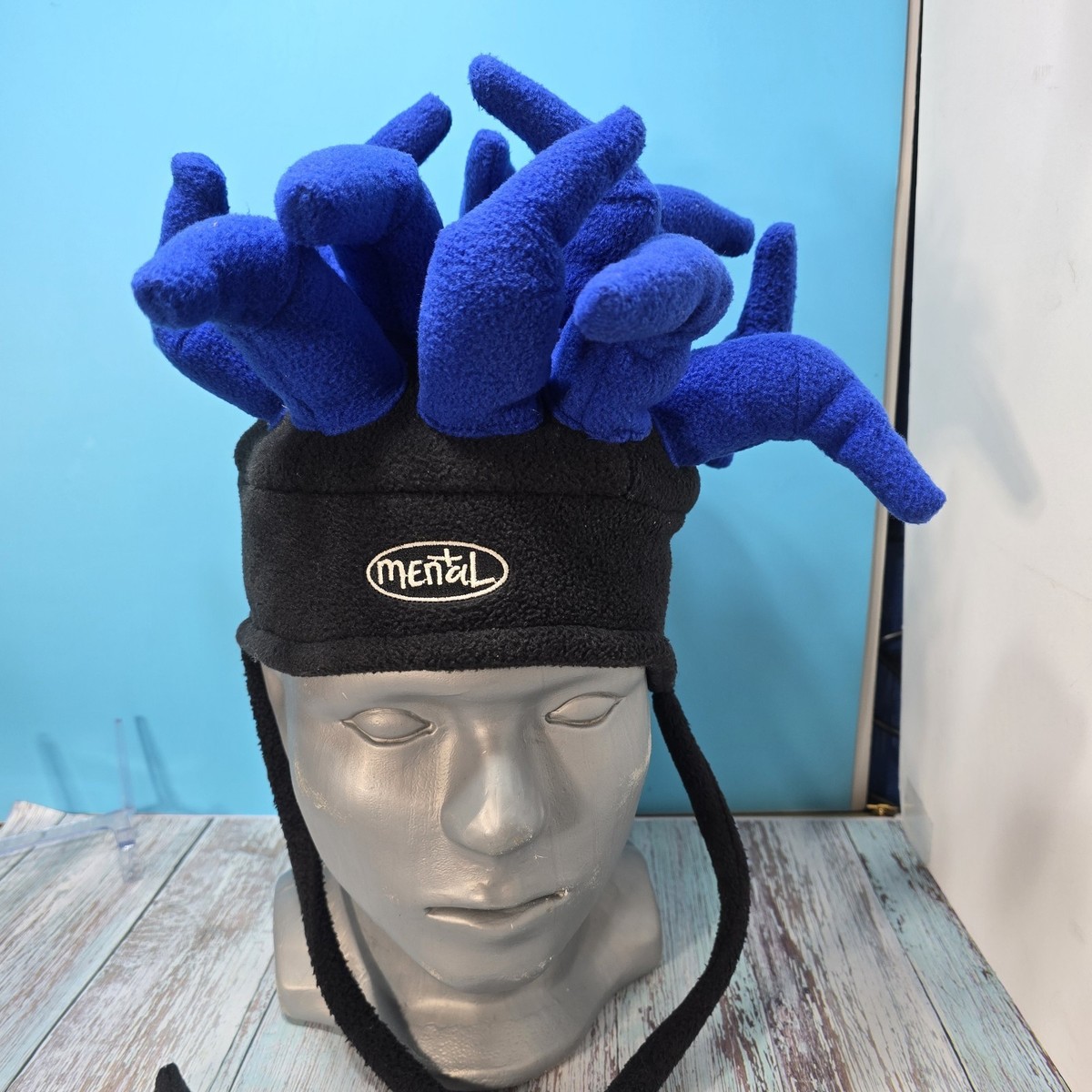 Vintage 90s Mental Headgear Snowboard Ski Fleece Hat Blue Spikes