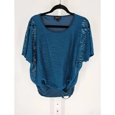 AB Studio Women's Blue Short Sleeve Round Neck Mesh Top Size M