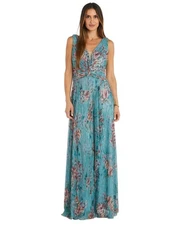 R & M Richards Women's Metallic Floral Print Sleeveless Gown-Blue Multi-14