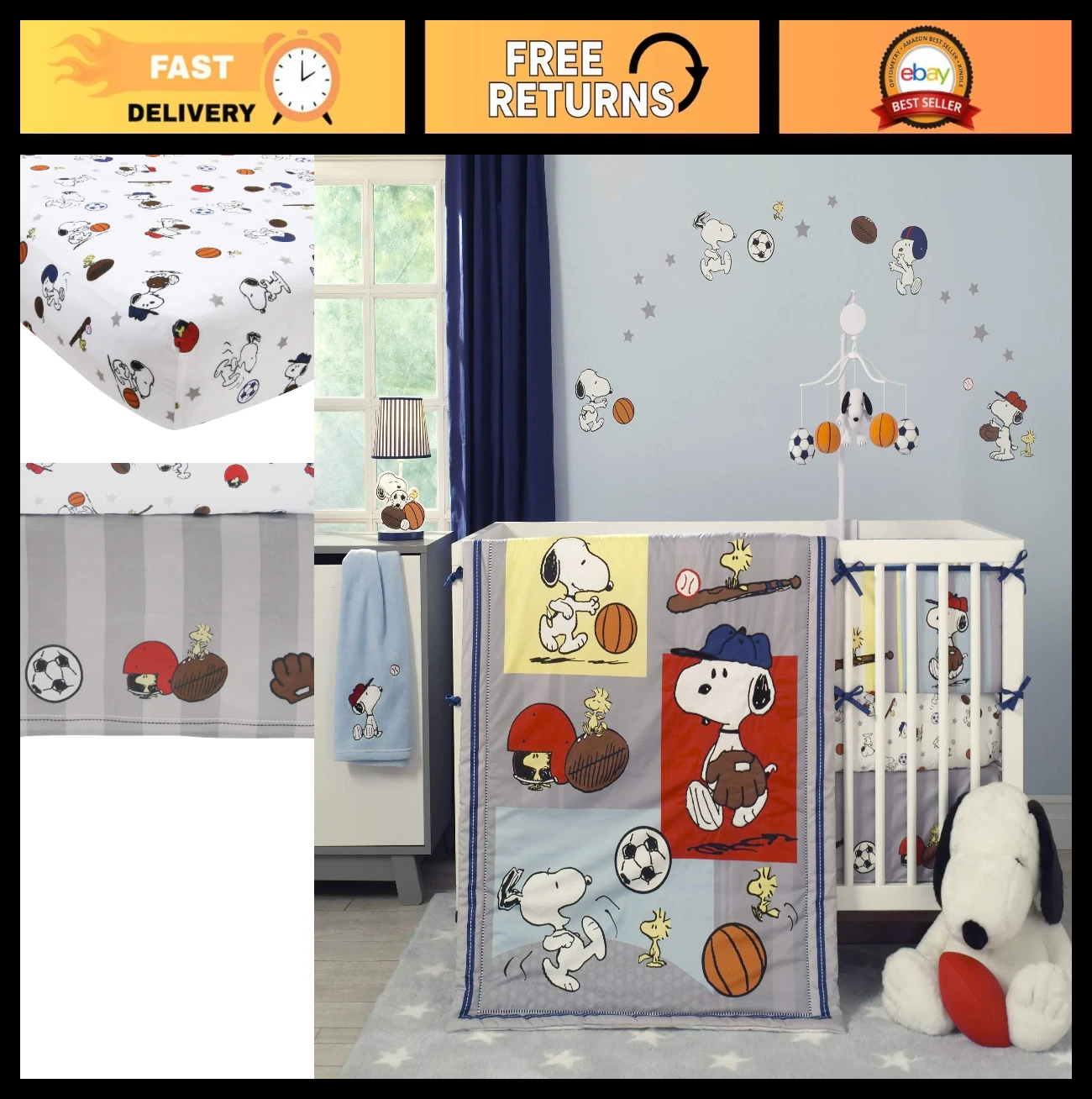 Snoopy Sports 3-Piece Bedding Set - Blue, Kids' Bedspread, Comforter & Pillowcas