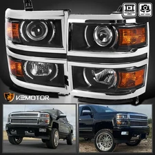 Fits 2014-2015 Chevy Silverado 1500 Chrome Trim Projector Headlights Headlamps