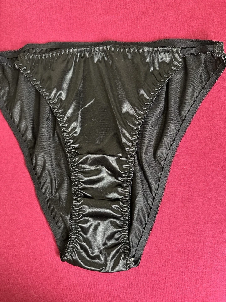 XL BLACK SATIN SECOND SKIN HIGH CUT BIKINI PANTIES W/100% COTTON GUSSET - Image 4 of 4