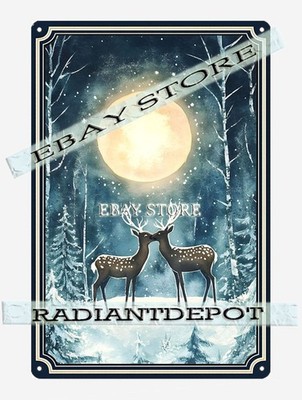 winter deer moonlight wall art Metal Tin Sign serene snowy wildlife forest encha
