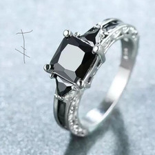 Silver Solitaire Ring Prong Set Emerald Cut Black Onyx Stone Size B 1/2