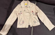 C C California Jacket Girls 12 Leather Floral -Pink Pockets EUC