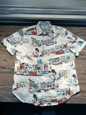 Robert Graham Button Shirt Men XLT White City Print Cotton Elastane Short Sleeve