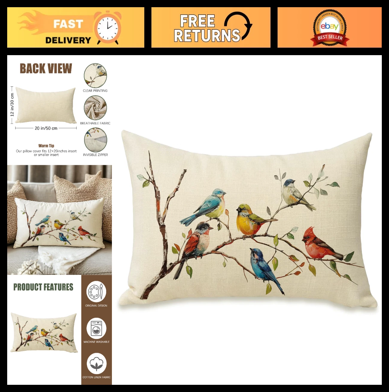 Watercolor Birds Lumbar Pillow Cover 12x20" - Cardinal, Goldfinch, Outdoor Decor
Opens in a new wind