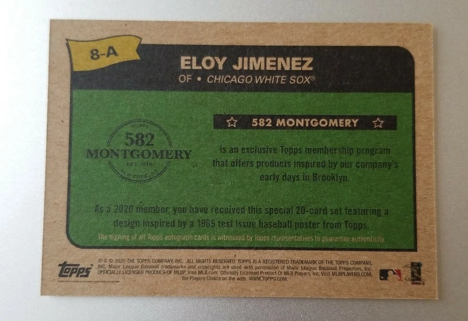 2020 Topps 582 Montgomery Club Eloy Jimenez Auto White Sox In Hand - Image 2 of 2