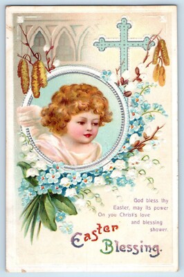 c1910's Easter Angel Holy Cross Cattails Pipe Berry Flowers Clapsaddle Postcard