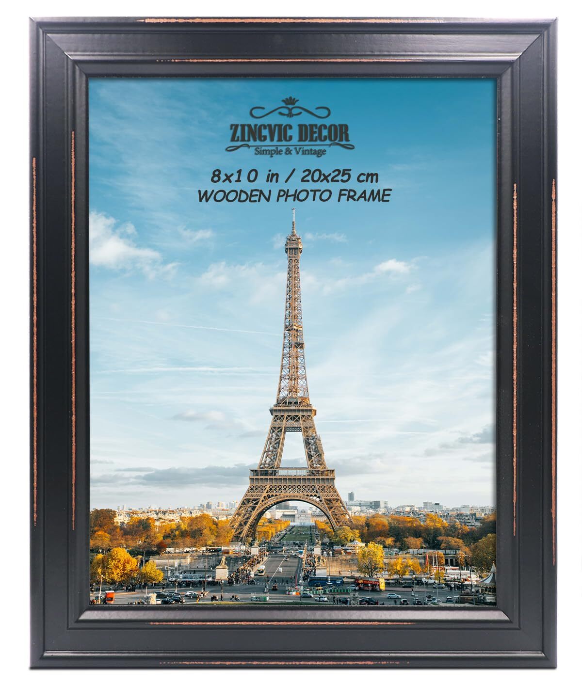 8x10 Picture Frame, Black, Wood, Witeh Real Glass Front, Distressed Style Fra...