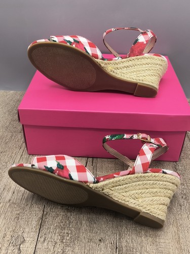 Betsey Johnson Athena Wedge Sandal Strap Size 7.5 Red Gingham Check Floral Rope - Picture 9 of 9
