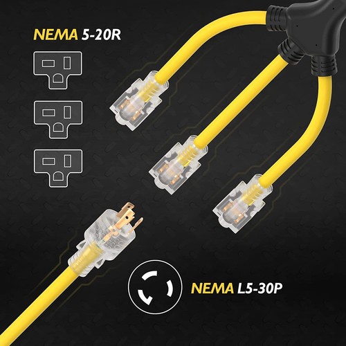 Generator Adapter 12/3 Splitter W Adapter 3 Prong 30 Amp to L5-30P/ (3)5-20R 2ft - Picture 3 of 7